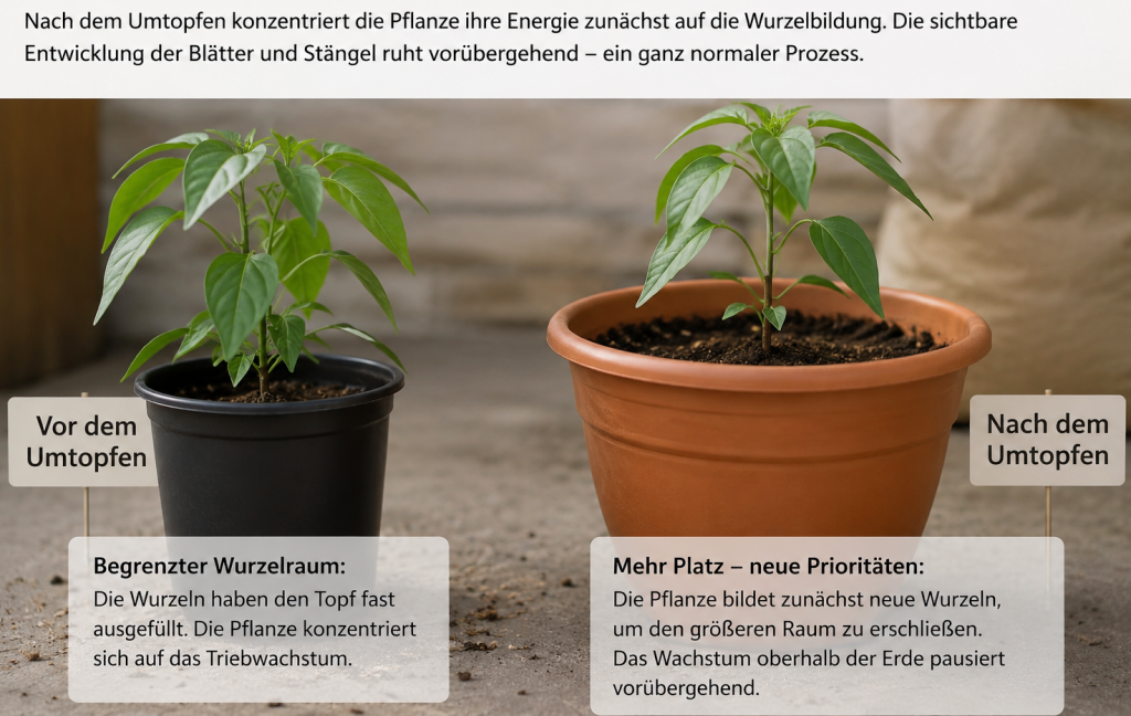 Warum stellen Chilipflanzen nach dem Umtopfen in größere Töpfe scheinbar ihr Wachstum ein?