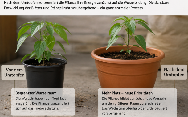 Warum stellen Chilipflanzen nach dem Umtopfen in größere Töpfe scheinbar ihr Wachstum ein?
